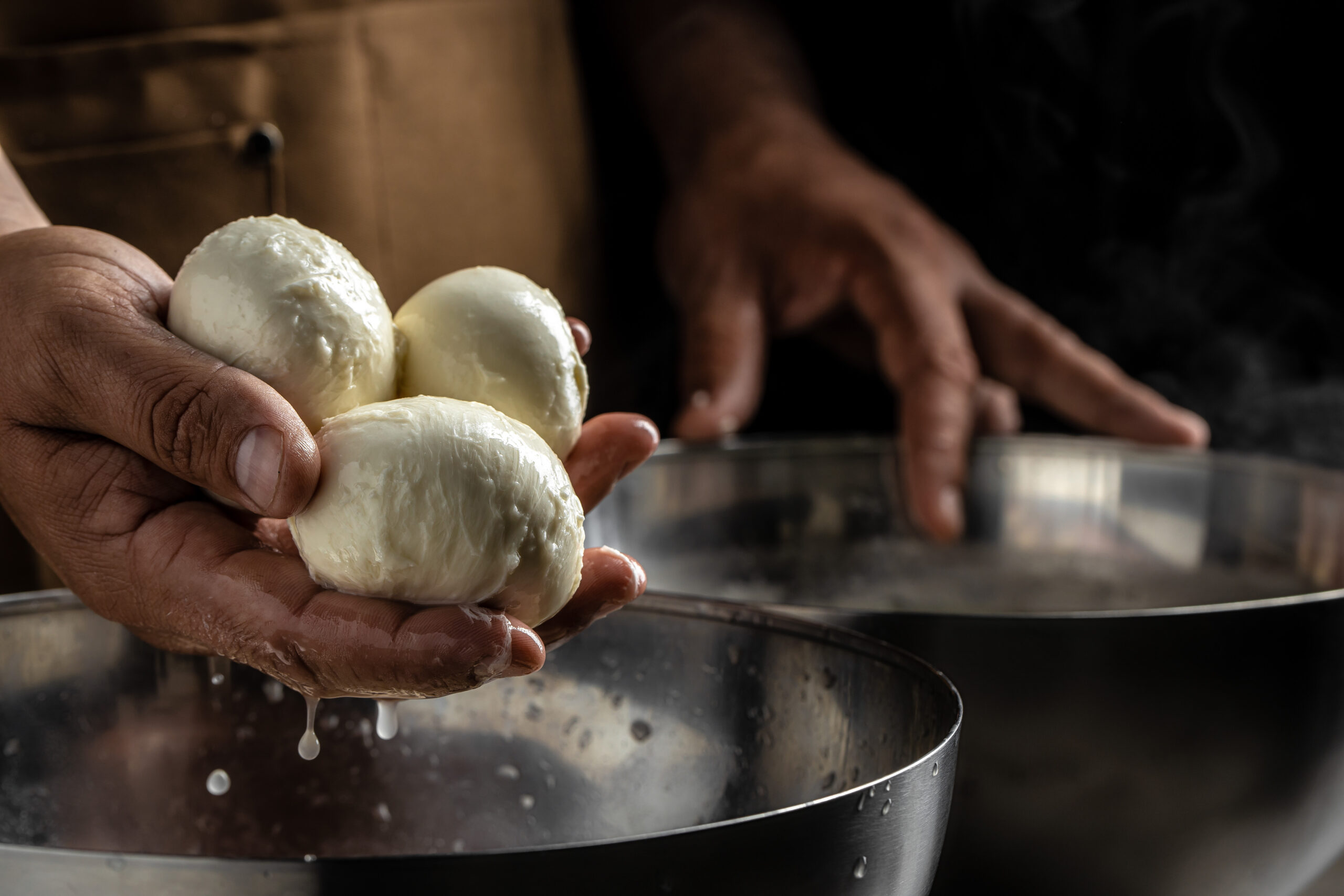 Cheesemaker, showing freshly made mozzarella.